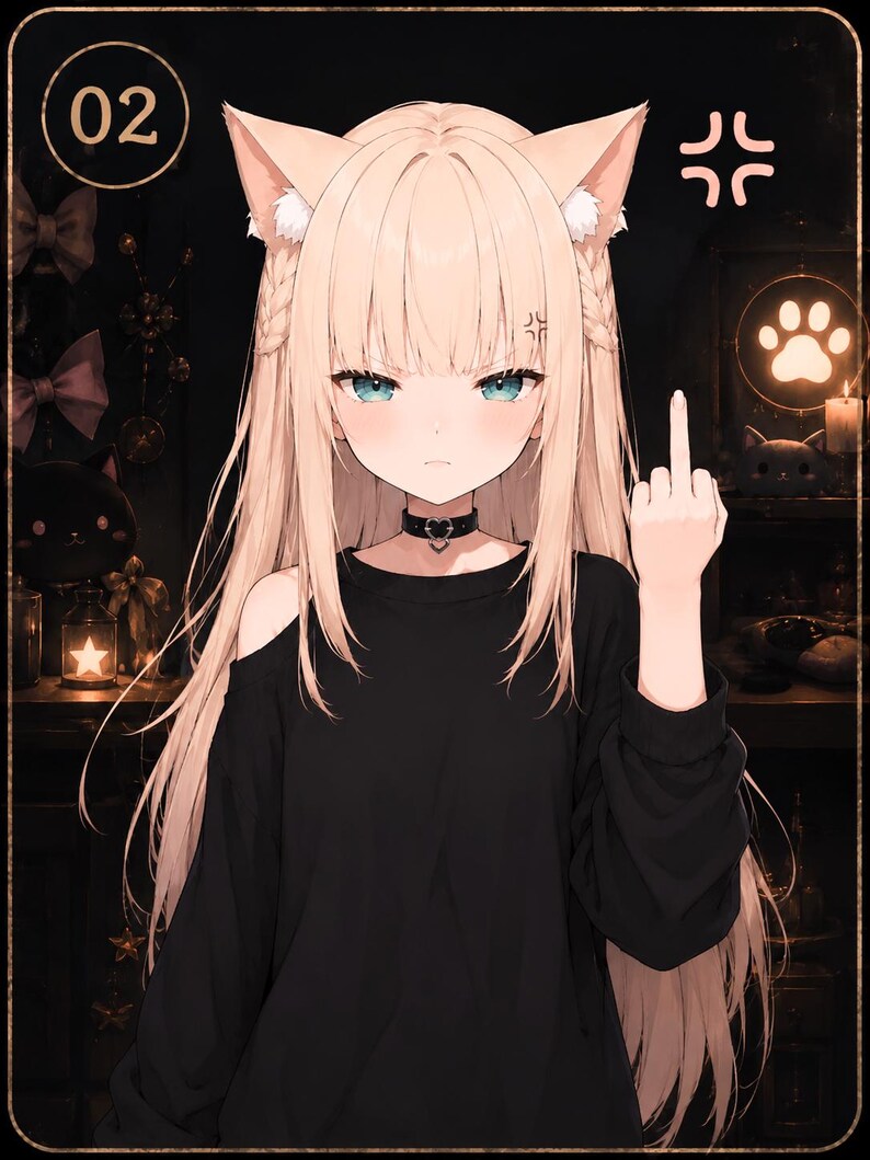 Peut inclure: Une illustration de style anime repr&eacute;sentant un personnage aux longs cheveux blonds, oreilles de chat et yeux bleus, portant un haut noir &agrave; manches longues avec &eacute;paules d&eacute;nud&eacute;es et un ras-du-cou noir avec un c&oelig;ur, faisant un doigt d'honneur.