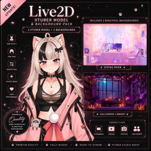 May include: A Live2D VTuber model featuring a character with long blonde and black hair, cat ears, and a black outfit with a pink jacket. The set includes two digital backgrounds: a bright spring room and a dark, candlelit Halloween library.