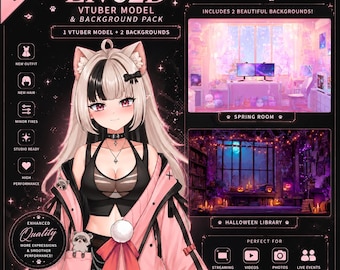 Modèle VTuber Live2D + pack de 2 arrière-plans animés, avatar VTuber entièrement articulé, compatible VTube Studio, VTuber fille-chat mignonne, pack streaming