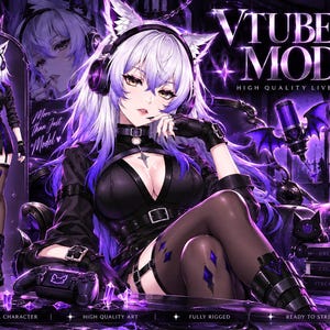 May include: A digital illustration of a Live2D VTuber model featuring a character with long white and purple hair, cat ears, and headphones. The character wears a black outfit with straps and sits in a purple-toned environment with gaming gear.