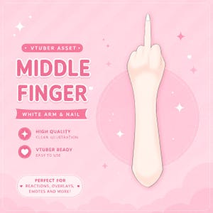 Peut inclure: Une illustration num&eacute;rique d'un bras et d'une main p&acirc;le faisant un geste de doigt d'honneur, sur un fond rose clair avec des &eacute;tincelles blanches. Le texte indique VTUBER ASSET, MIDDLE FINGER, WHITE ARM & NAIL, HIGH QUALITY et VTUBER READY.