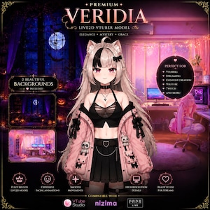May include: A digital anime-style character model named Premium Veridia Live2D VTuber Model featuring long light hair with black streaks, cat ears, a black crop top, a black pleated skirt, and a pink oversized jacket with small panda plushies.