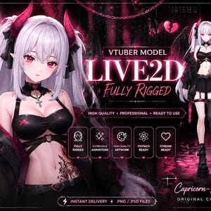 Op de afbeelding: Een digitale illustratie van een anime-personage met wit haar, rode hoorns en vleugels, gekleed in een zwarte outfit. De tekst luidt VTUBER MODEL LIVE2D FULLY RIGGED, CUSTOM VTUBER MODEL FOR YOU, BRING YOUR CHARACTER TO LIFE en Capricorn-Sugarscar.