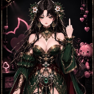 Peut inclure: Une illustration num&eacute;rique d'un personnage aux longs cheveux noirs portant une tenue orn&eacute;e vert fonc&eacute; et dor&eacute;e avec des accessoires de cheveux floraux. Le personnage fait un doigt d'honneur. Le texte 2 MIDDLE FINGER est affich&eacute; en haut.