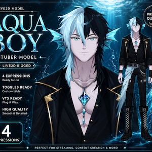 Peut inclure: Un modèle Live2D VTuber intitulé Aqua Boy représentant un personnage aux cheveux bicolores noir et bleu clair, des oreilles en forme d'ailerons et des yeux verts. Il porte une chemise noire à bordures dorées et un pendentif en cristal bleu.