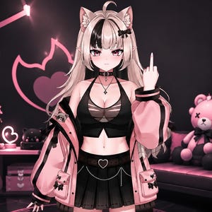 May include: An anime-style character with long blonde and black hair, cat ears, and pointed ears. The character wears a black crop top, a black pleated skirt with a heart-shaped belt buckle, and a pink jacket with black accents and small bows.