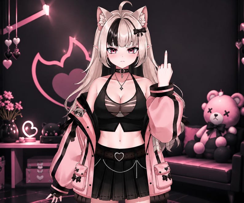 May include: An anime-style character with long blonde and black hair, cat ears, and pointed ears. The character wears a black crop top, a black pleated skirt with a heart-shaped belt buckle, and a pink jacket with black accents and small bows.