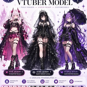 Modelo VTuber gótico personalizado, avatar Live2D totalmente animado, VTuber chica demonio anime, personaje de streamer gótico, modelo de VTube Studio