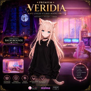 Op de afbeelding: Een digitaal Live2D VTuber-model genaamd Veridia met een personage met lang blond haar, kattenoren en een zwarte trui. De afbeelding bevat tekstoverlays, twee achtergrondopties en compatibiliteitspictogrammen voor VTube Studio en Nizima.