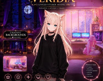 Svart kattflicka Live2D VTuber-modell + 2 bakgrunder | Fullt riggad VTube Studio-avatar | Nekomimi Anime Streamer-modell | Klar att använda