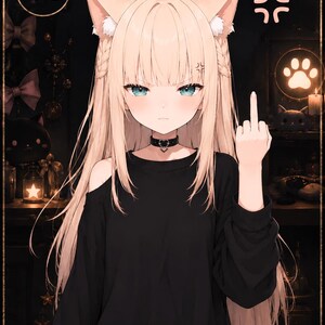 May include: An anime-style illustration of a character with long blonde hair, cat ears, and blue eyes, wearing a black long-sleeve shirt with shoulder cutouts and a heart-shaped choker. The character is making a middle finger gesture.