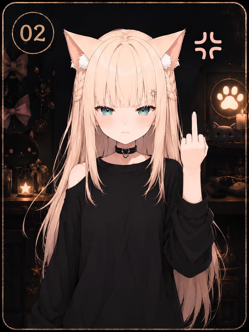 May include: An anime-style illustration of a character with long blonde hair, cat ears, and blue eyes, wearing a black long-sleeve shirt with shoulder cutouts and a heart-shaped choker. The character is making a middle finger gesture.