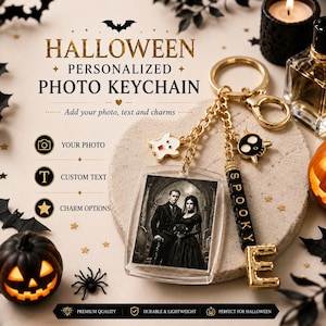Personalized Halloween Photo Keychain, Custom Gothic Keyring with Charms