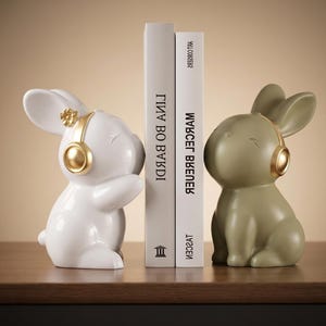 Set di fermalibri a forma di coniglietto: coniglietto kawaii con cuffie, fermalibri, decorazione da scrivania in stile lo-fi, complemento d'arredo per la cameretta dei bambini, regalo ideale per amanti della musica e della lettura.