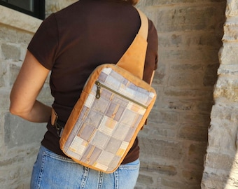 Womens sling bag, orange waxed canvas sling bag, handmade patchwork summer sling backpack