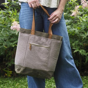 Drawstring Tote Bag Handmade; Large Knitting Project Bag; Tweed and Waxed Canvas Tote
