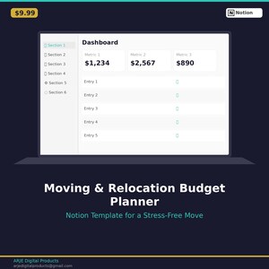 May include: A digital dashboard on a laptop screen displays financial metrics and data entry fields. The text "Moving & Relocation Budget Planner" and "Notion Template for a Stress-Free Move" are also visible. The price is $9.99.