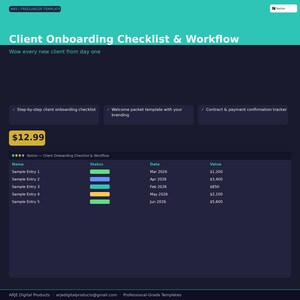 May include: A digital template titled "Client Onboarding Checklist & Workflow" with a teal and dark blue color scheme. The template includes a step-by-step checklist, welcome packet, and contract tracker. The price is $12.99. A table shows sample entries with status, date, and value.