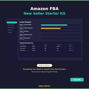 May include: A dark blue digital graphic with the text "Amazon FBA New Seller Starter Kit." The graphic includes a launch progress bar, product research log, and the text "Everything You Need to Launch Your First Product From Account Setup Through First Sale."