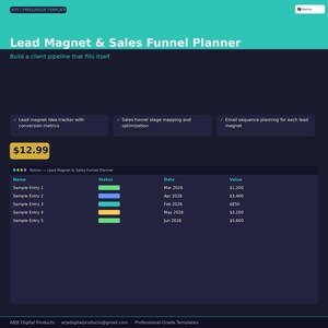 May include: A dark blue digital planner template titled "Lead Magnet & Sales Funnel Planner." It includes sections for lead magnet idea tracking, sales funnel mapping, and email sequence planning. The price is £10.39. A table lists sample entries with dates and values.