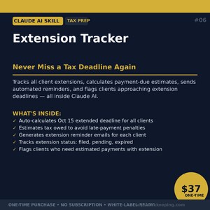 May include: A dark blue graphic promoting an "Extension Tracker" with the text "Never Miss a Tax Deadline Again." Features include automated reminders and deadline tracking. A yellow circle displays "£37 ONE-TIME."