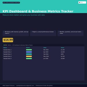 Può includere: Un modello digitale blu scuro intitolato "KPI Dashboard & Business Metrics Tracker". Il modello include sezioni per le metriche KPI, il monitoraggio delle prestazioni e le visualizzazioni dei dati. Il prezzo è di €14,99. Il modello include anche una tabella con voci di esempio.