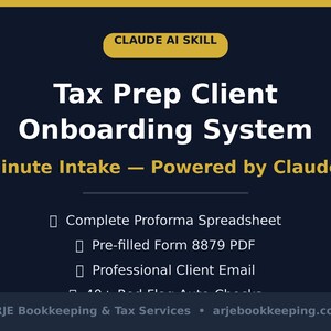 May include: A dark blue graphic with the text "CLAUDE AI SKILL" in a yellow oval. The text "Tax Prep Client Onboarding System" is in white. Below, it reads "minute Intake - Powered by Claude." Bullet points list features like spreadsheets and client emails.