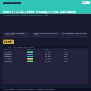 May include: A digital template for vendor and supplier management, with the text "Vendor & Supplier Management Database." The template includes sections for vendor directories, supplier comparisons, and contract management. The price is £7.99.