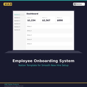 May include: A laptop screen displaying a digital dashboard with financial metrics. The screen shows the text "Dashboard" and "Employee Onboarding System." The price tag in the upper left corner reads £12.00. The background is dark blue.