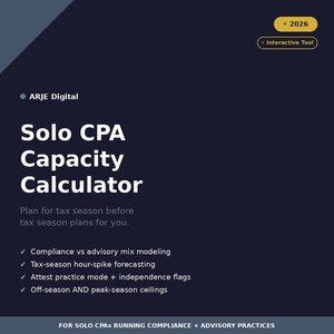 K&ouml;nnte beinhalten: Dunkelblaue Grafik mit wei&szlig;em Text, der einen Solo CPA Capacity Calculator bewirbt. Der Text enth&auml;lt "Planen Sie die Steuersaison, bevor die Steuersaison Sie plant." Zu den Funktionen geh&ouml;ren Compliance-Modellierung und Stunden-Spitzenprognosen. Das Jahr 2026 wird ebenfalls angezeigt.