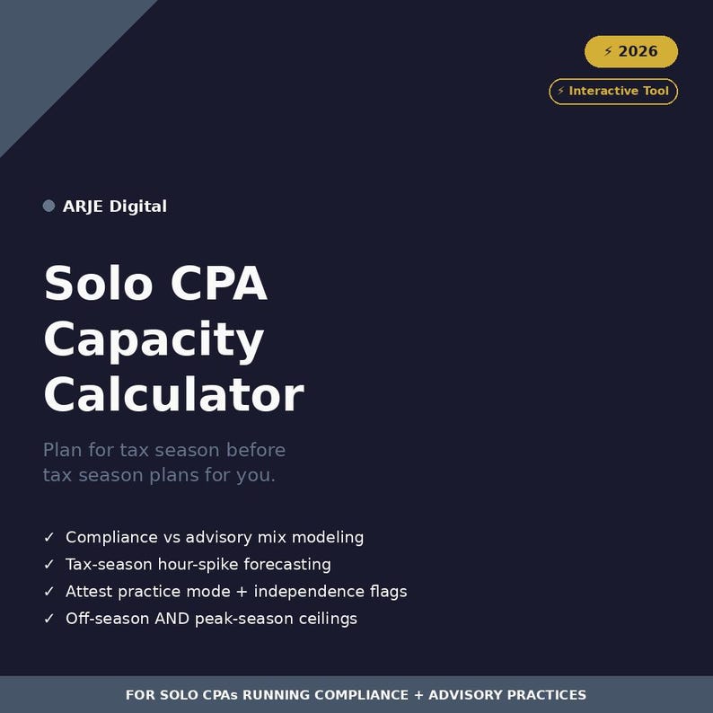 K&ouml;nnte beinhalten: Dunkelblaue Grafik mit wei&szlig;em Text, der einen Solo CPA Capacity Calculator bewirbt. Der Text enth&auml;lt "Planen Sie die Steuersaison, bevor die Steuersaison Sie plant." Zu den Funktionen geh&ouml;ren Compliance-Modellierung und Stunden-Spitzenprognosen. Das Jahr 2026 wird ebenfalls angezeigt.