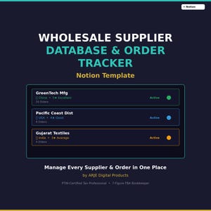 May include: A dark blue graphic with the text "WHOLESALE SUPPLIER DATABASE & ORDER TRACKER Notion Template." The image displays a database with supplier information, including ratings and order counts. The text "Manage Every Supplier & Order in One Place" is also visible.