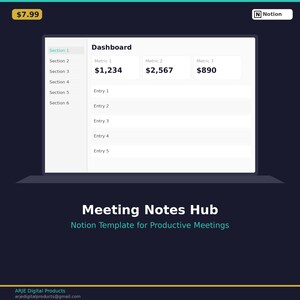 Könnte beinhalten: Ein Mockup eines digitalen Produkts, das einen Laptop-Bildschirm mit einem Dashboard mit Finanzkennzahlen zeigt. Der Bildschirm zeigt eine weiße Oberfläche mit Datenpunkten und dem Text "Meeting Notes Hub". Es ist eine Notion-Vorlage für produktive Meetings.