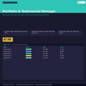 May include: A digital template titled "Portfolio & Testimonial Manager" with a dark blue background. The template includes sections for portfolio organization, testimonial tracking, and case study building. A price tag shows $7.99. A table lists sample entries with dates and values.