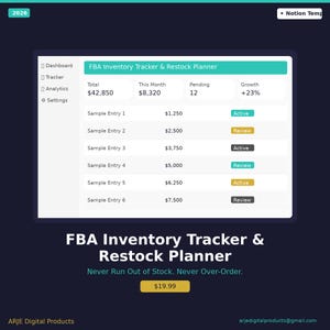 May include: A digital inventory tracker and restock planner interface with a dark blue background. The interface displays financial data, including totals, monthly figures, and growth percentages. The text "FBA Inventory Tracker & Restock Planner" is prominently displayed.