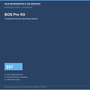 May include: A dark blue graphic with white text promoting the "BOS Pro Kit" for business systems and automation. The text includes "ARJE BOOKKEEPING & TAX SERVICES" and "Complete Business Operating System". A light blue box displays the price of $97.