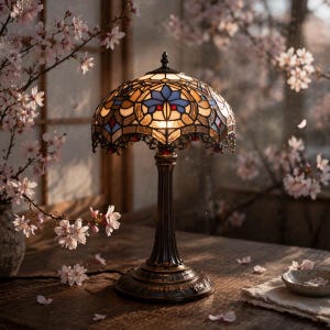 Japanese Stained Glass Table Lamp – Vintage Zen Bedside Light, Warm Ambient Lighting