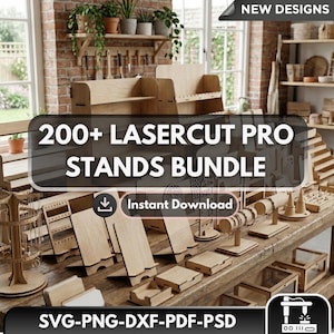 Pode incluir: Uma coleção de expositores de madeira cortados a laser, incluindo suportes para brincos, suportes para telefones e expositores de joias. A imagem apresenta o texto "200+ LASERCUT PRO STANDS BUNDLE" e "Instant Download".
