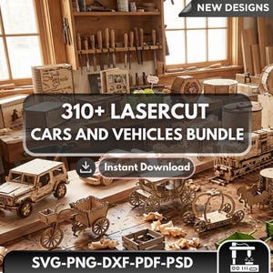 Más de 310 coches y vehículos cortados con láser / SVG de coche de madera / Vehículo 3D / Patrones de carpintería CNC / Descarga digital