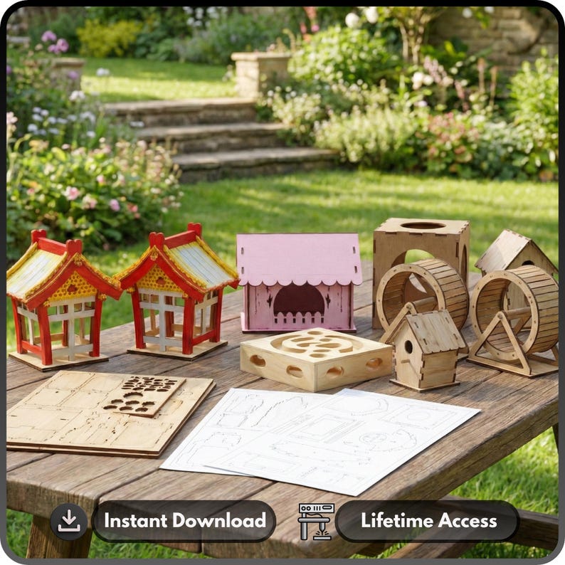 May include: A collection of wooden DIY hamster habitats and accessories, including miniature houses, wheels, and a maze. The structures are in various colors and designs, set on a wooden table outdoors. The image includes the text "Instant Download" and "Lifetime Access".