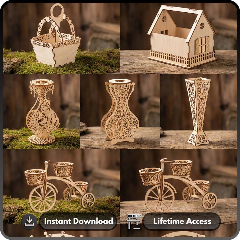 Op de afbeelding: Een verzameling lasergesneden houten ambachten, waaronder een mand met een handvat, een huis, verschillende decoratieve vazen en een driewieler met manden. De items worden gepresenteerd op een houten oppervlak en mos.