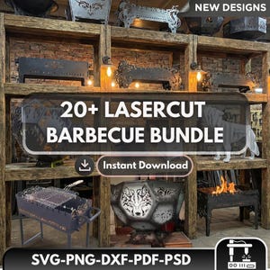 Könnte beinhalten: Präsentation verschiedener lasergeschnittener Grilldesigns, darunter Grills und Feuerstellen, angeordnet auf Holzregalen. Das Bild zeigt den Text "20+ LASERCUT BARBECUE BUNDLE" und "Instant Download". Die Designs sind aus dunklem Metall gefertigt.