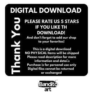 Op de afbeelding: Zwarte vierkante afbeelding met witte tekst. De tekst bevat "DIGITALE DOWNLOAD" en "Bedankt". Verdere tekst vraagt om een beoordeling en geeft details over het digitale product.