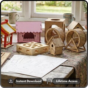 May include: A collection of wooden hamster habitats and accessories, including a pink house, a birdhouse, a square box, and two hamster wheels. The items are displayed on a table with a patterned tablecloth, with a window in the background.