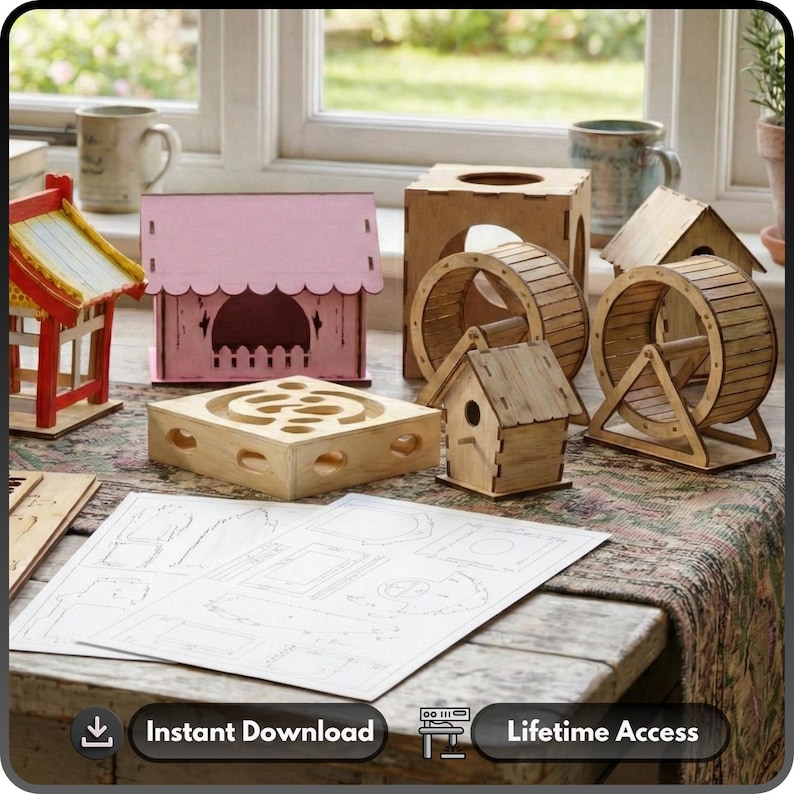 May include: A collection of wooden hamster habitats and accessories, including a pink house, a birdhouse, a square box, and two hamster wheels. The items are displayed on a table with a patterned tablecloth, with a window in the background.