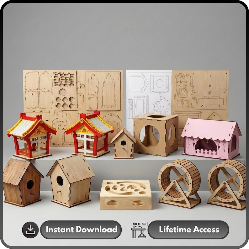 May include: A collection of wooden DIY kits for small animal habitats and decorative structures. Includes birdhouses, hamster wheels, and miniature pagoda-style houses with red and yellow accents. The image also shows cut-out wood pieces and assembly instructions.