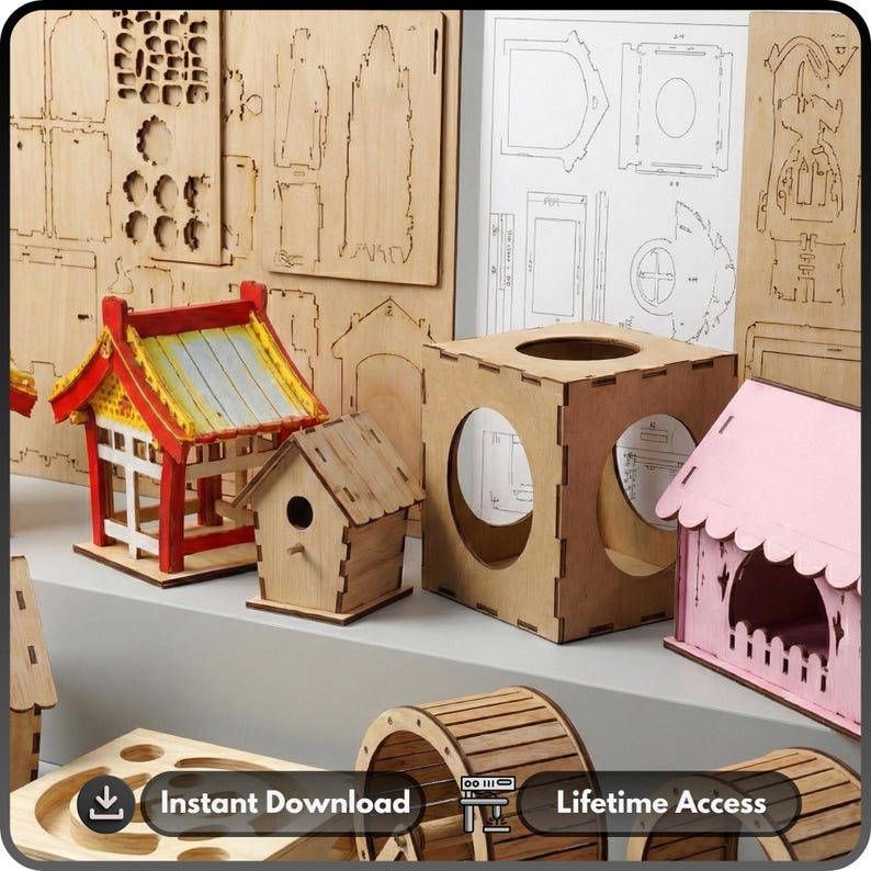 May include: Wooden model kits of various structures, including a birdhouse, a pagoda, and a cube with circular cutouts. The pagoda has a red roof with yellow and orange accents. The birdhouse is natural wood. The cube is light brown.