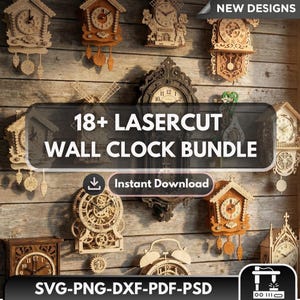 18+ Wanduhr Laser Cut Bundle | Dekorative Uhr SVG | Holz Wand Kunst | CNC Holzbearbeitungsmuster | Digitaler Download
