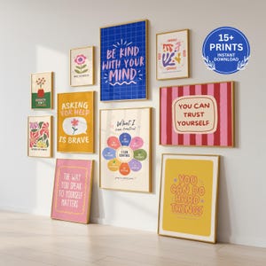 May include: A gallery wall set of ten rectangular wall art prints featuring motivational text and colorful illustrations. Phrases include BE KIND WITH YOUR MIND, YOU CAN TRUST YOURSELF, YOU CAN DO HARD THINGS, and WHAT I CAN CONTROL, among others.