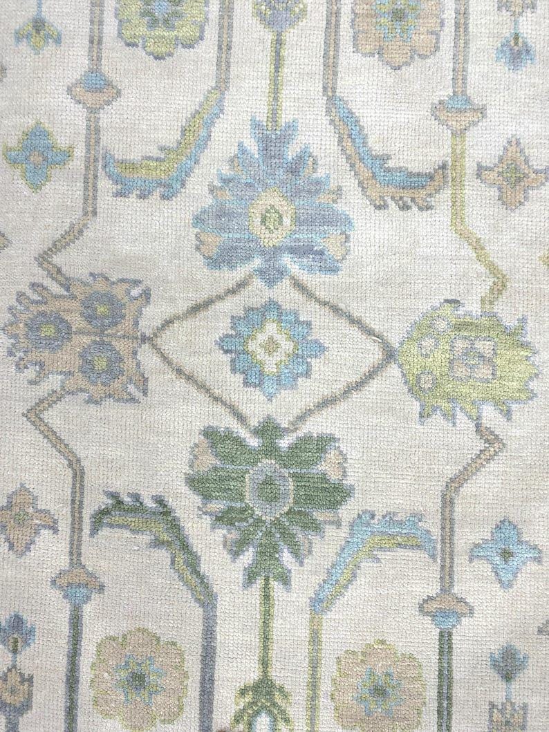 Handwoven Beige Oushak Rug: Blue & Green Wool Turkish Rug - Etsy